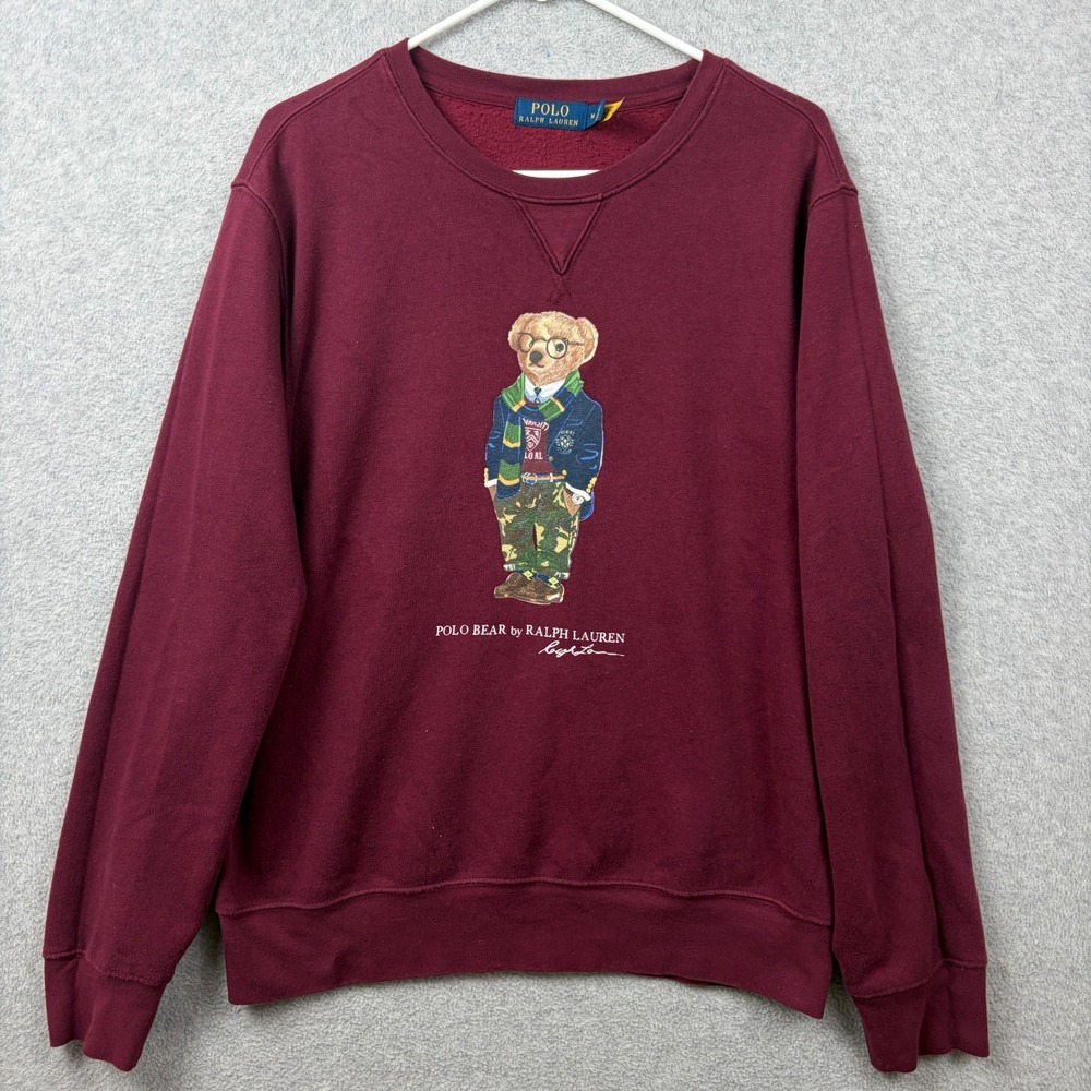 Ralph Lauren Polo Bear Sweatshirt Mens Medium Maroon Crewneck Varsity Preppy Ivy